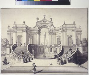 A tutta pagina: palazzo del giardino nei giardini di Palazzo Liechtenstein, Rossau, Vienna (disegno a penna e inchiostro)