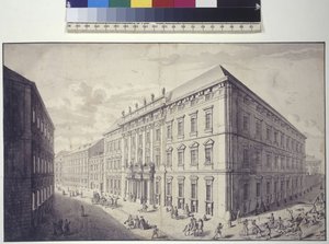 A tutta pagina: veduta obliqua del palazzo comunale di Kaunitz-Liechtenstein a No (disegno a penna e inchiostro)