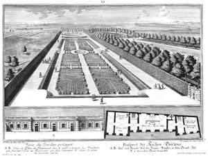 Prospetto del giardino della cucina, pianta e sezione della casa della fontana