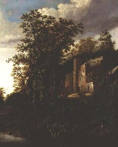 Paesaggio fluviale boscoso con contadini vicino a una casa padronale in rovina da Salomon Rombouts