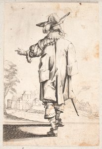 Cavaliere visto di spalle: Gesti con la mano sinistra. Indossa mantello e cappello piumato. Città murata e porta oltre da Salomon Savery