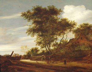 Paesaggio boschivo con bambini che giocano sulla strada vicino a un cottage, 1658