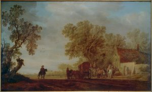 Strada di campagna con locanda e viaggiatori