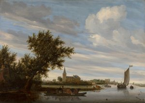 Veduta fluviale con chiesa e traghetto da Salomon van Ruysdael