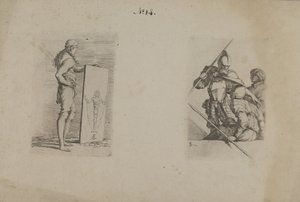 (Serie di figurine) Uomo dai capelli lunghi con cartello in mano da Salvator Rosa