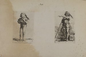(Serie di figurine) Vecchio con cappello piumato, mani a riposo da Salvator Rosa