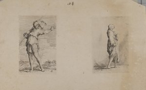 (Serie di figurine) Uomo in piedi con copricapo di piume da Salvator Rosa