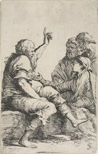 Un vecchio barbuto seduto su una roccia che fa un gesto esortativo verso tre uomini di fronte a lui, dalla serie Figurine da Salvator Rosa