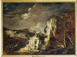 Paesaggio roccioso con un cacciatore e guerrieri - Un paesaggio roccioso ... da Salvator Rosa