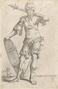 Guerriero esotico in piedi con cappello a testa di leone, che tiene una mazza e uno scudo, c.1656-57 da Salvator Rosa