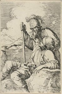 Tre Guerrieri, uno seduto su una roccia in primo piano con un bastone; il secondo in piedi dietro di lui e che indica, il terzo visto come un volto dietro di loro, dalla serie Figurine da Salvator Rosa