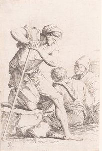 Due uomini seduti e un altro uomo che tiene un bastone inginocchiato su una roccia, dalla serie, ca. 1656-1657 da Salvator Rosa