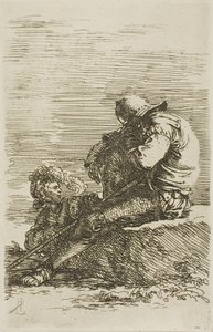 Due guerrieri, uno seduto e addormentato su una roccia in primo piano, dalla serie Figurine da Salvator Rosa