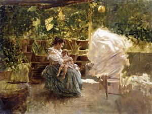 Una Madre con il suo Bambino su una Veranda