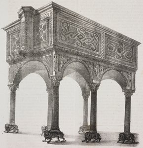 Antico ambone nella cattedrale di Sessa Aurunca, Campania, Italia, litografia di Salvatore Puglia da disegno di Pasquale Mattei (1813-1879) da Poliorama Pittoresco, n 43, 31 maggio da Salvatore Puglia