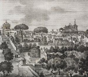 Veduta orientale di Mesagne, Puglia, Italia, litografia di Salvatore Puglia da Poliorama Pittoresco, n. 45, 15 giugno da Salvatore Puglia