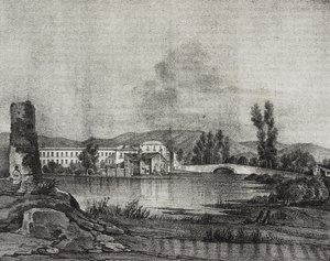 Veduta della fabbrica e chiesa di Santa Restituta sulle rive del fiume Fibreno a Cornello, Lazio, Italia, da Poliorama Pittoresco, n. 16, 26 novembre