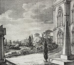 Veduta del cimitero dal convento gotico, Napoli, Campania, Italia, da Poliorama Pittoresco, n. 34, 1 aprile