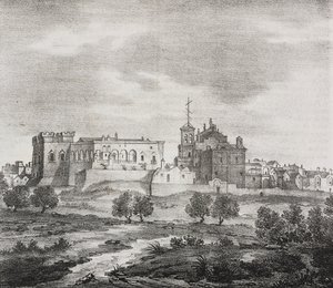 Vista occidentale di Mesagne, Puglia, Italia, litografia di Salvatore Puglia da Poliorama Pittoresco, n. 47, 29 giugno da Salvatore Puglia
