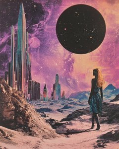 Donna nel paesaggio urbano cosmico