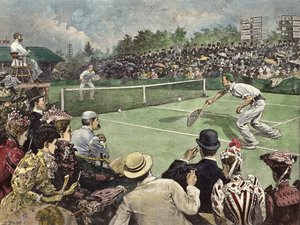 Il campionato di tennis su prato a Wimbledon 1891, i signori W Baddeley e J Pim in gara per le finali (incisione a colori)