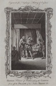 Enrico Principe di Galles che prende la corona dal cuscino di suo padre Enrico IV (incisione) da Samuel (after) Wale
