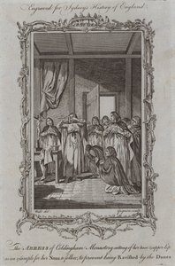 La badessa del monastero di Coldingham si taglia il naso e il labbro superiore come esempio per le sue suore per evitare di essere violentate dai Danesi (incisione) da Samuel (after) Wale