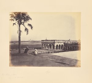 Agra; il forte e il palazzo di Akbar con il Taj in lontananza, un