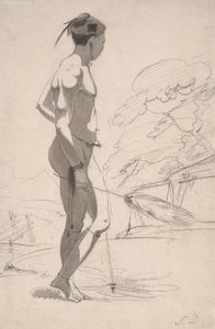 Uomo Tswana con ventaglio di piume di struzzo in un paesaggio da Samuel Daniell