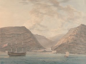Nave da guerra ancorata nel porto, montagne sullo sfondo da Samuel Davis