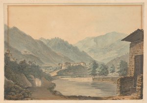 Scena Montuosa con Edifici e Fiume