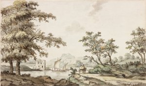 Un fiume con barche a vela e un cavallo con carro da Samuel Henry Alken