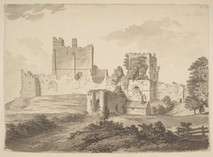 Veduta a inchiostro di china del castello di Prudhoe, nella parrocchia di Ovingham (inchiostro di china su carta) da Samuel Hieronymous Grimm