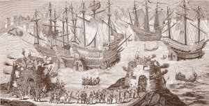 Enrico VIII che si imbarca a Dover, dalla grande stampa pubblicata dalla Royal Society of Antiquities da Samuel Hieronymous Grimm