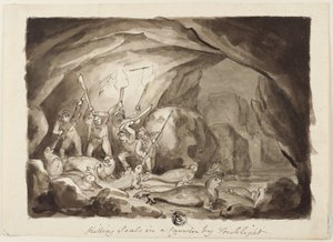 Uccisione di foche in una caverna alla luce delle torce (recto); schizzo di cacciatori e tavola (verso) da Samuel Howett