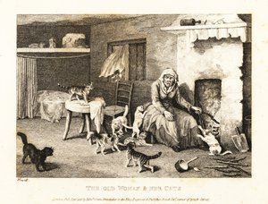 Vecchia strega seduta al focolare in una capanna circondata da gatti. 1811 (acquaforte)
