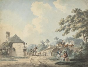 La casa del pedaggio con una carrozza che attraversa il ponte da Samuel Howitt