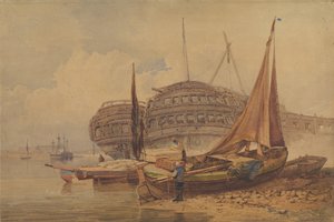 Scena costiera con barche arenate in primo piano, inizio-metà XIX secolo da Samuel Prout