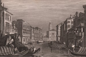 Gondole sul Canal Grande, Venezia, Veneto, Italia, incisione in acciaio da un disegno di Samuel Prout (1783-1852), circa 15x11.5 cm