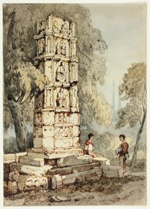 Due figure accanto a rovine medievali, con chiesa in lontananza da Samuel Prout