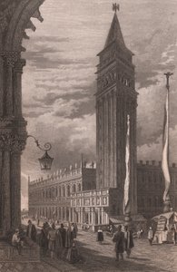 Veduta del Campanile di San Marco a Venezia, Veneto, Italia, incisione in acciaio da un disegno di Samuel Prout (1783-1852), circa 15x11.5 cm da Samuel Prout