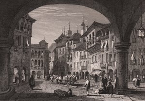 Veduta della piazza del mercato a Domodossola, Piemonte, Italia (incisione su acciaio) da Samuel Prout