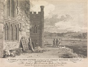 Vista della Nuova Torre e parte della Finestra della Grande Cucina del Castello di Arundel, Sussex (pubblicato da J. Sewell); pagina 13 (Volume Uno) da Samuel Rawle