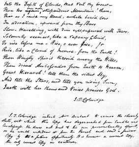 Ultime righe della poesia di Coleridge Hymn before Sunrise in the Vale of Chamouny, scritte di proprio pugno dal poeta e inviate in una lettera a Mrs Brabant di Devizes, 1815