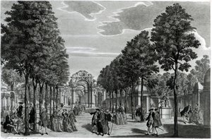 Gli archi trionfali, statua di Handel nel viale sud dei giardini di Vauxhall, inciso da John S. Muller da Samuel Wale