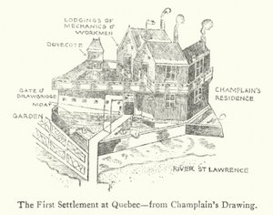 Il primo insediamento francese a Quebec, inizio XVII secolo (litografia)