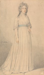 Una signora, a figura intera, che indossa una fascia blu e tiene un ventaglio da Samuel de Wilde