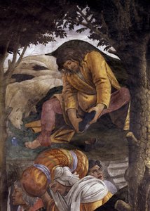 Storia della vita di Mosè. (dettaglio) Mosè che si mette le scarpe. Dipinto di Alessandro di Mariano dei Filipepi noto come Sandro Botticelli (1445-1510). Affresco da Sandro Botticelli