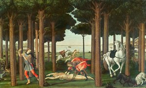 Lo sventramento della donna inseguita: Scena II della Storia di Nastagio degli Onesti, c.1483