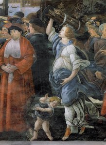 La Purificazione del lebbroso e la Tentazione di Cristo, nella Cappella Sistina: dettaglio di una donna che porta legna da ardere e un piccolo ragazzo che porta uva da Sandro Botticelli